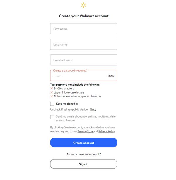 Walmart dumb password rule screenshot